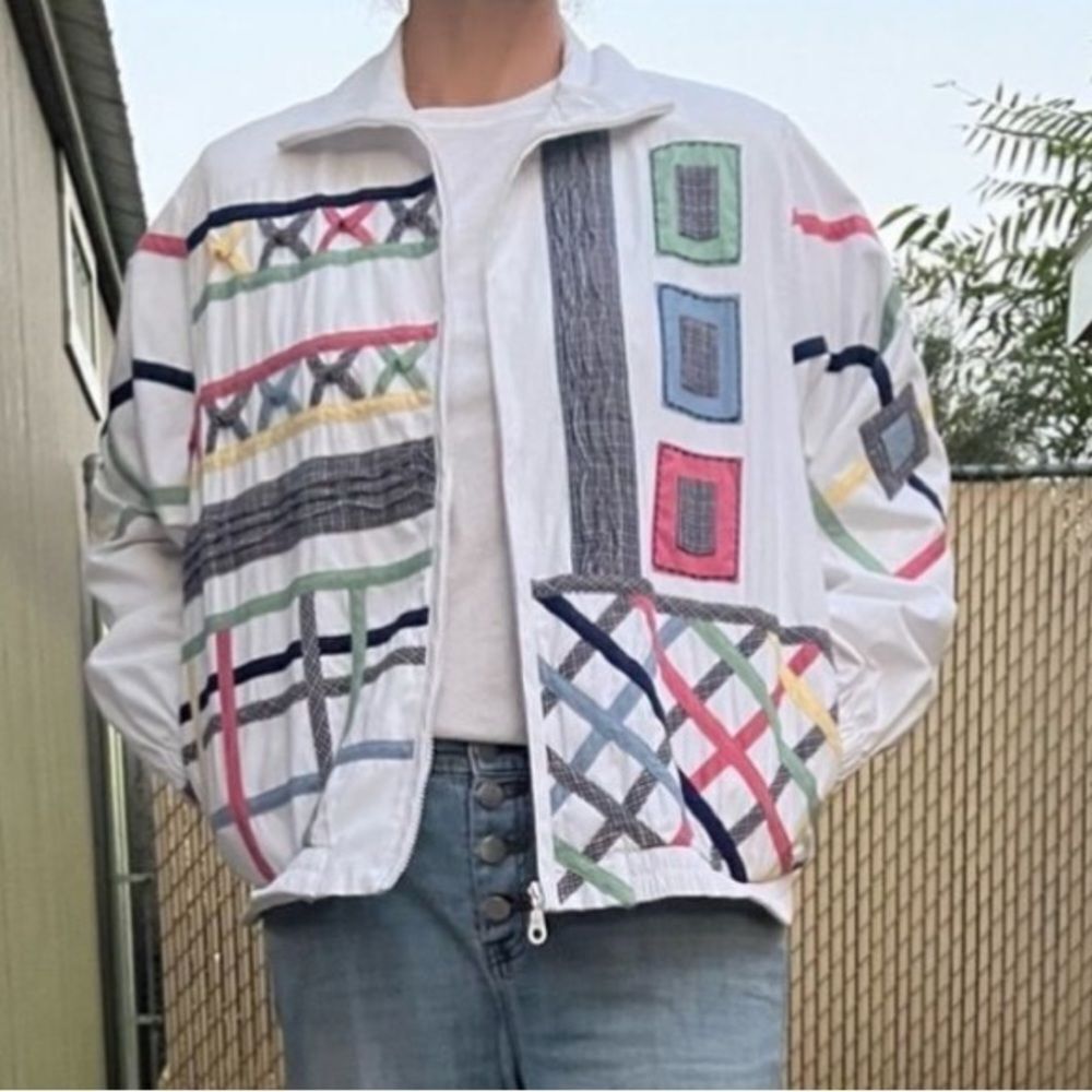Cottagecore Patchwork Oversized White Pink Blue Quilted Full Zip Bomber Coat M